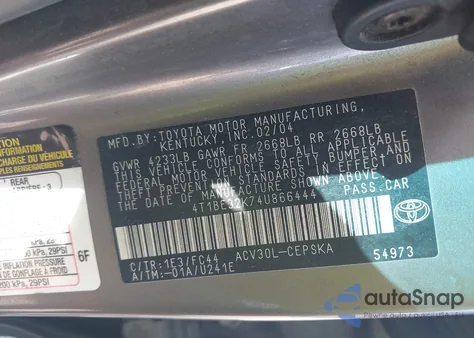 2004 Toyota Camry Se из США, поврежденный, VIN 4T1BE32K74U866444